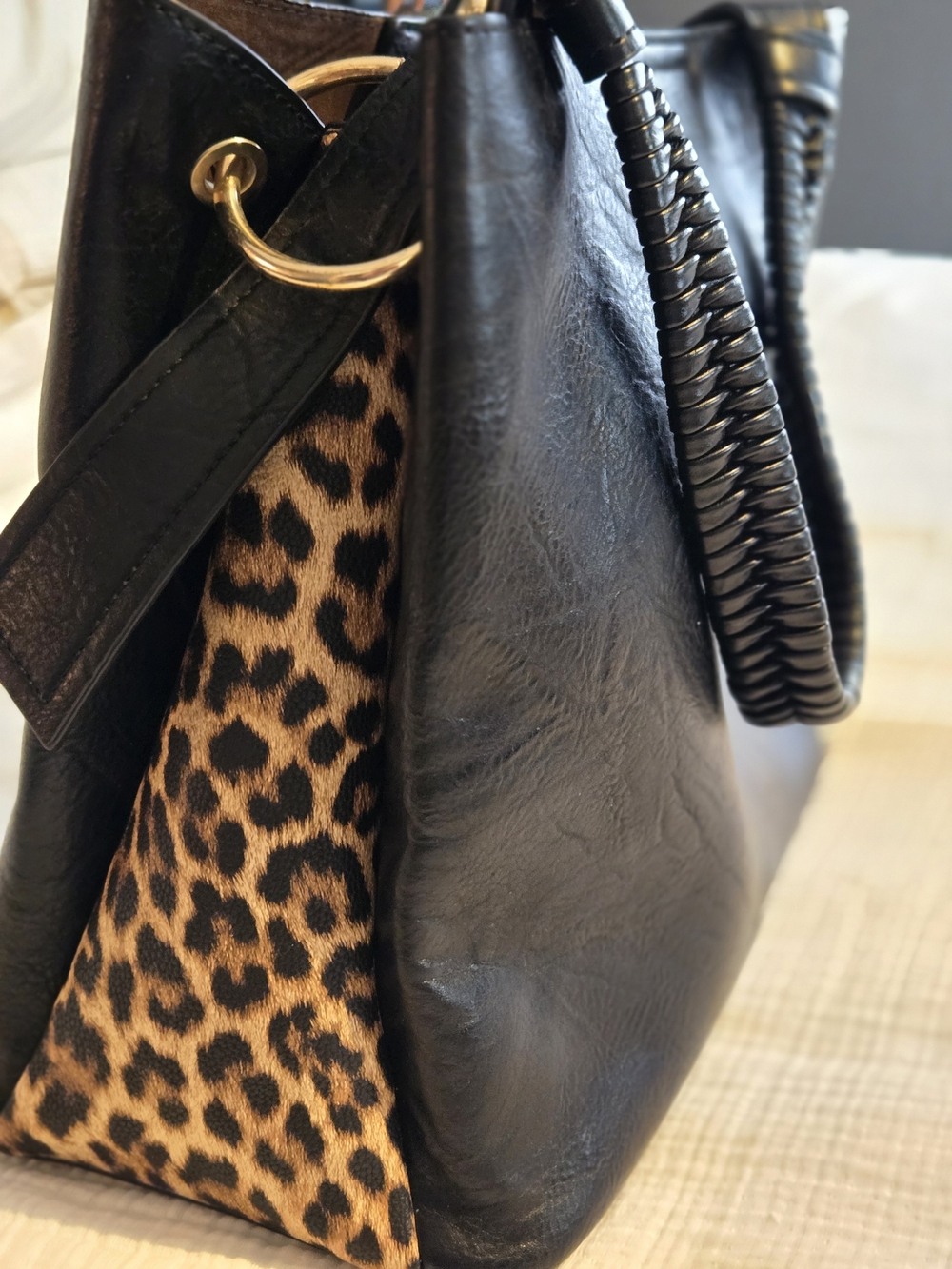 JEN & CO Black Vegan Leather Tote with Leopard Accent